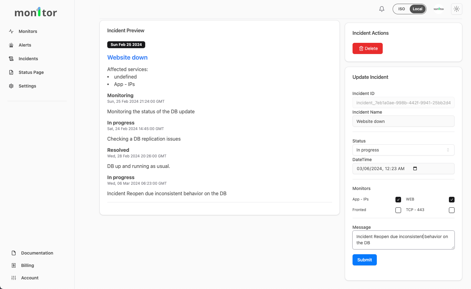 mon1tor's Dashboard showing a incident created