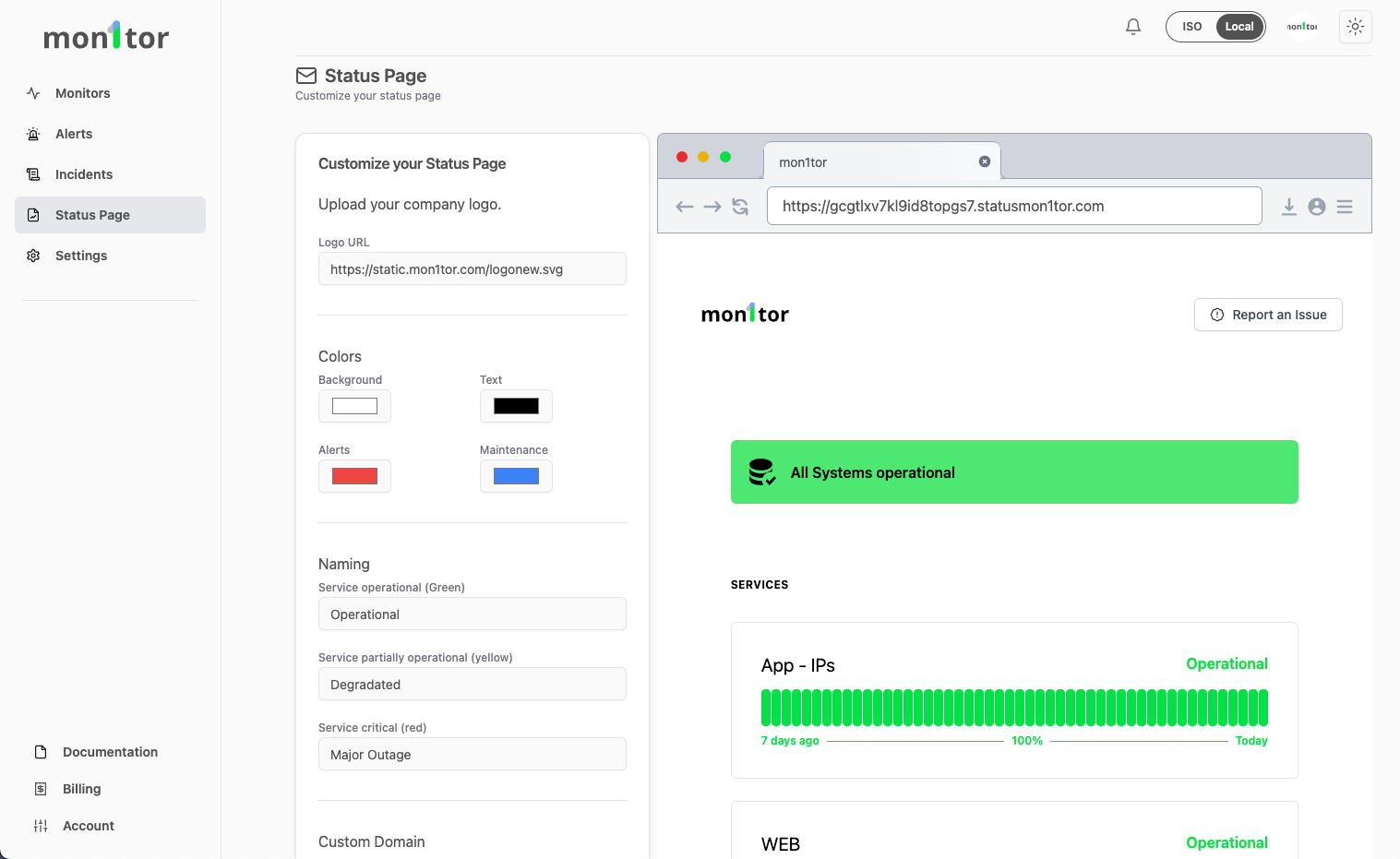 mon1tor's Dashboard showing the status page configuration